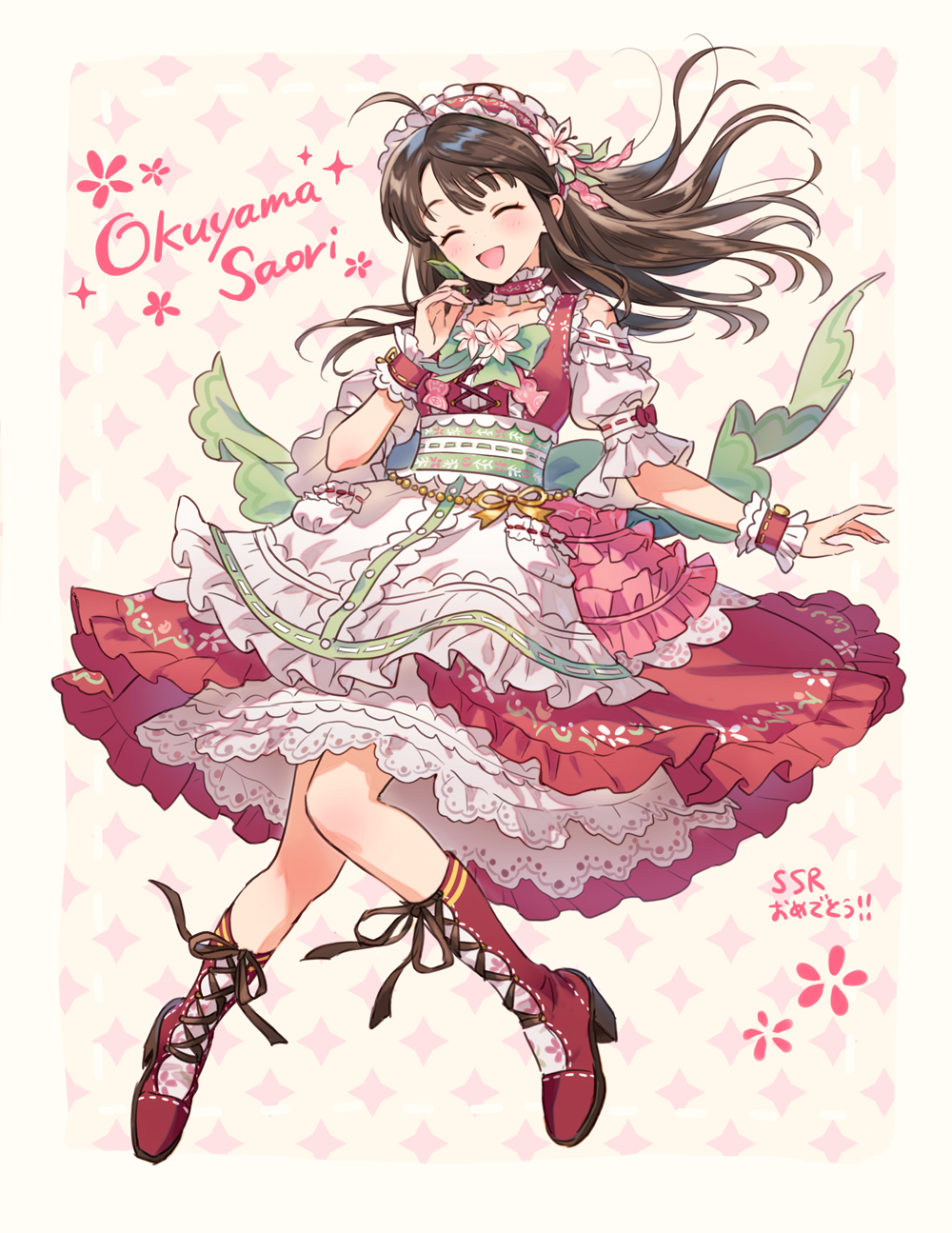 1girl ahoge bare_shoulders belly_chain blush boots bow bowtie breasts brown_hair character_name choker closed_eyes clothing_cutout collarbone dot_nose dress floating_hair floral_print flower frilled_dress frills full_body green_bow green_bowtie hair_flower hair_ornament hand_up headband highres idolmaster idolmaster_cinderella_girls idolmaster_cinderella_girls_starlight_stage jewelry light_brown_background long_hair medium_breasts no_eyewear okuyama_saori open_mouth pigeon-toed pink_headband print_dress red_choker red_dress red_footwear red_wristband short_sleeves shoulder_cutout smile solo sparkle starry_background waist_bow wenoki_(20_185cm) white_flower