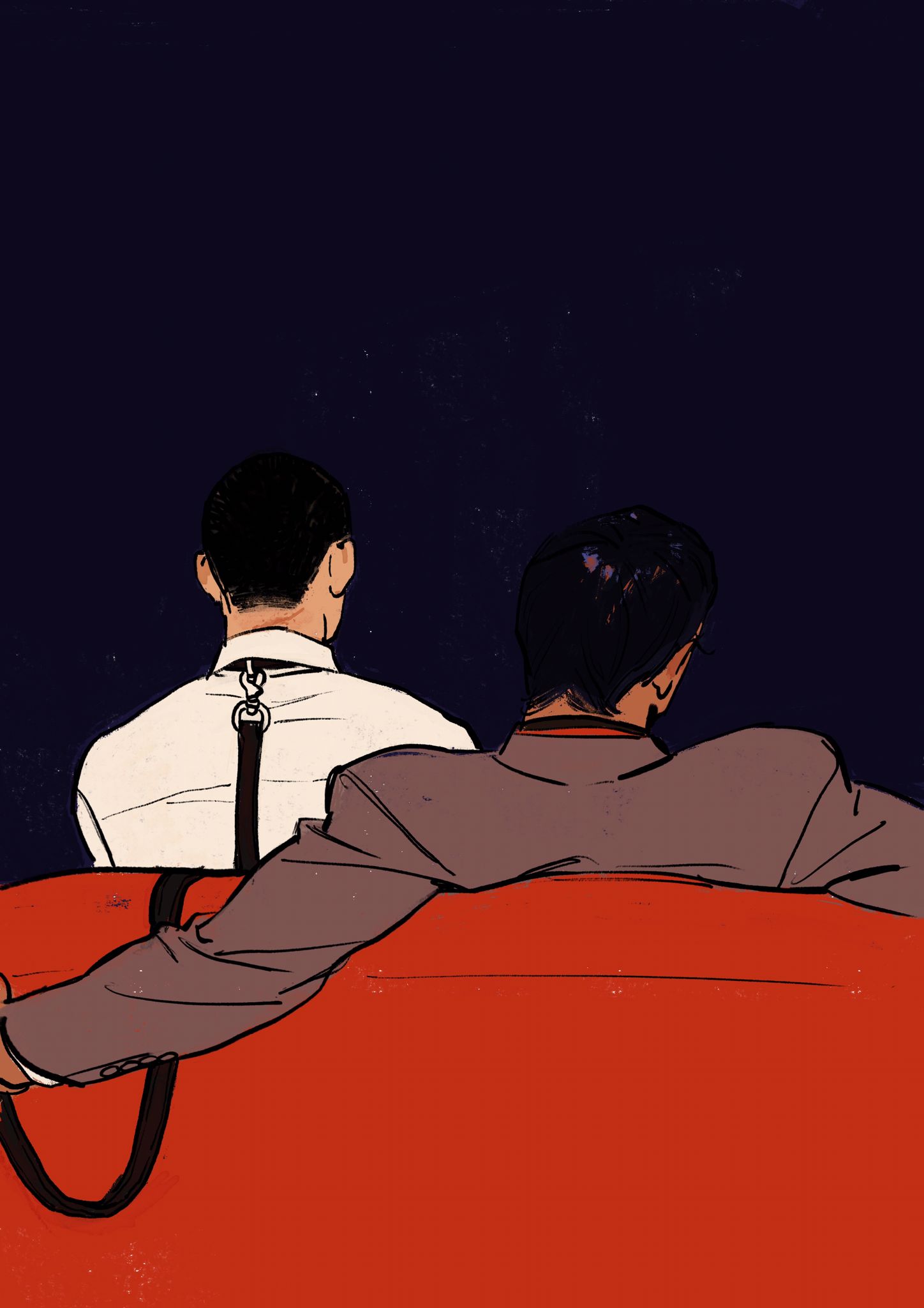 2boys animal_collar black_collar black_hair blue_background brown_jacket chengongzi123 collar collared_shirt couch facing_away from_behind golden_kamuy highres holding holding_leash jacket koito_otonoshin leash long_sleeves male_focus multiple_boys on_couch scar scar_on_neck shirt short_hair simple_background sitting tsukishima_hajime upper_body very_short_hair