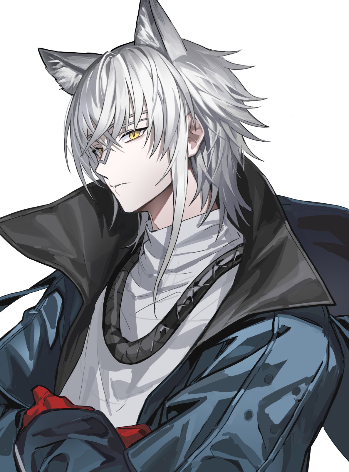 1boy animal_ear_fluff animal_ears aosta_(arknights) arknights blue_jacket frown gloves highres jacket looking_at_viewer male_focus open_clothes open_jacket red_gloves shirt short_hair simple_background solo upper_body white_background white_hair white_shirt wolf_boy wolf_ears yellow_eyes zerg_(z79438659)