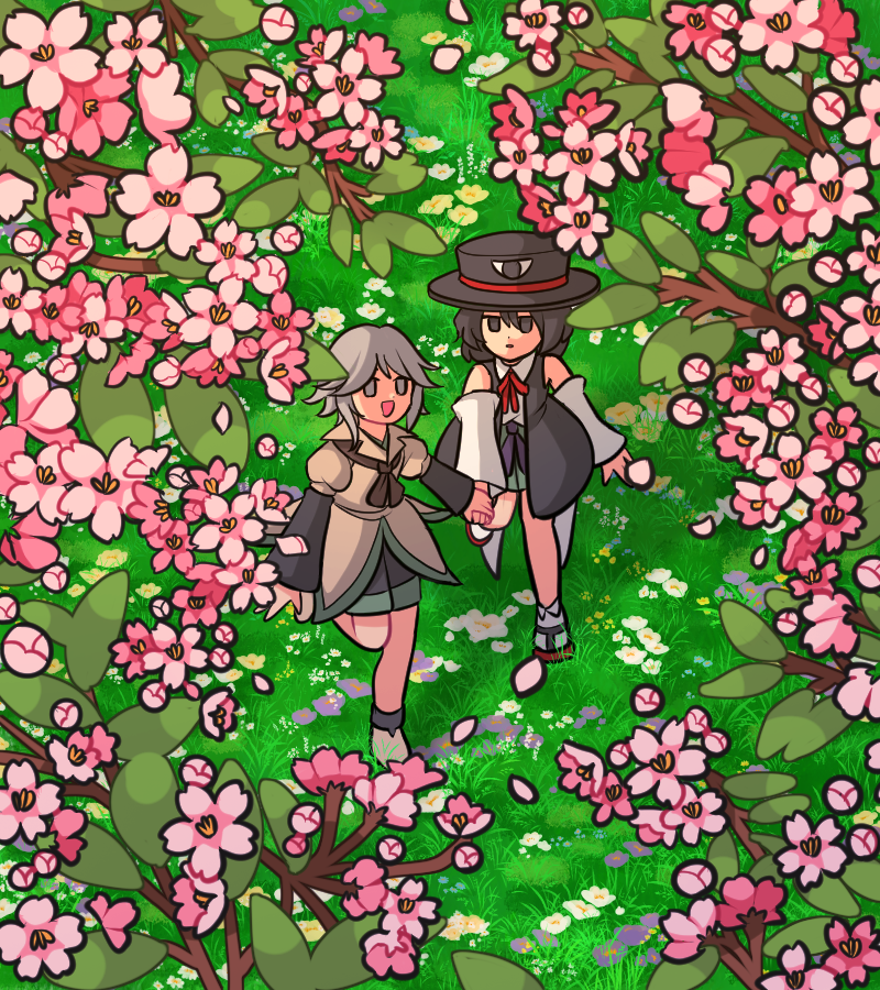 1jumangoku 2others androgynous ankle_socks ascot bare_legs bare_shoulders black_eyes black_hair black_headwear black_jacket black_shorts black_sleeves black_socks boots branch brown_ascot brown_coat brown_footwear brown_sleeves bud cherry_blossoms closed_mouth coat collared_coat collared_shirt collared_socks commentary_request detached_sleeves enraku_tsubakura expressionless eye_of_senri falling_petals field flower flower_field full_body grass green_hakama green_skirt grey_eyes grey_hair hakama hakama_short_skirt hakama_skirt hat holding_hands houlen_yabusame jacket japanese_clothes jinbei_(clothes) layered_sleeves leaf leg_up len'en long_sleeves medium_hair multiple_others neck_ribbon open_clothes open_jacket open_mouth other_focus outdoors petals pink_flower puffy_sleeves purple_flower red_footwear red_ribbon ribbon running sandals shirt short_over_long_sleeves short_sleeves shorts skirt sleeveless sleeveless_jacket smile socks solid_eyes spring_(season) top_hat white_flower white_shirt white_sleeves white_socks wide_sleeves zouri