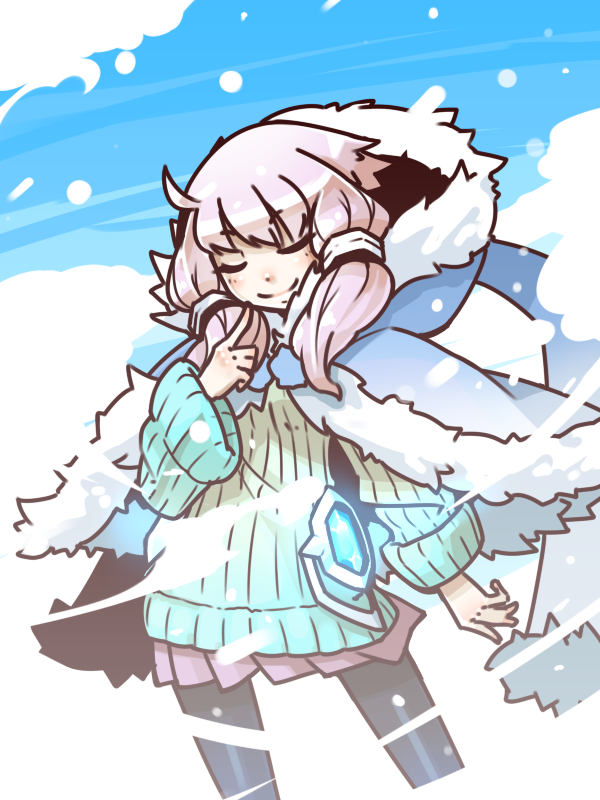 1girl ahoge alternate_costume animal_hood black_pantyhose blue_capelet blue_sweater blush capelet closed_eyes closed_mouth contrapposto facing_viewer feet_out_of_frame fur-trimmed_capelet fur_trim gradient_sweater hand_up hip_gear hood hood_down hooded_capelet long_sleeves moyasiwhite pantyhose pleated_skirt purple_hair purple_skirt rabbit_hood ribbed_sweater short_hair_with_long_locks skirt smile snowing solo standing sweater v-shaped_eyebrows vocaloid voiceroid wind yuzuki_yukari