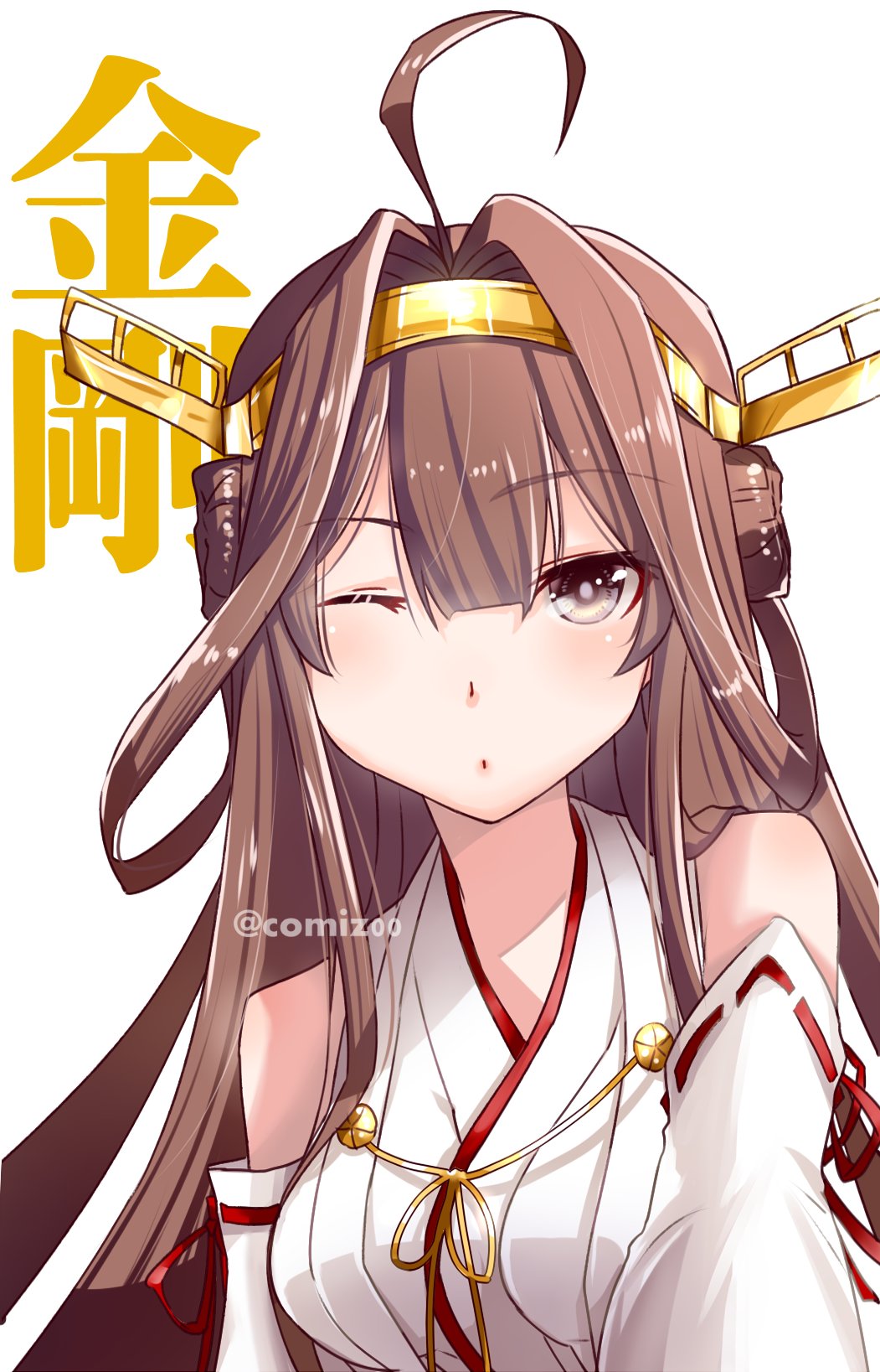 1girl ahoge brown_eyes brown_hair character_name detached_sleeves double_bun hair_bun hairband headgear highres japanese_clothes kantai_collection kimura_shiki kongou_(kancolle) nontraditional_miko one_eye_closed ribbon-trimmed_sleeves ribbon_trim simple_background solo text_background twitter_username upper_body white_background