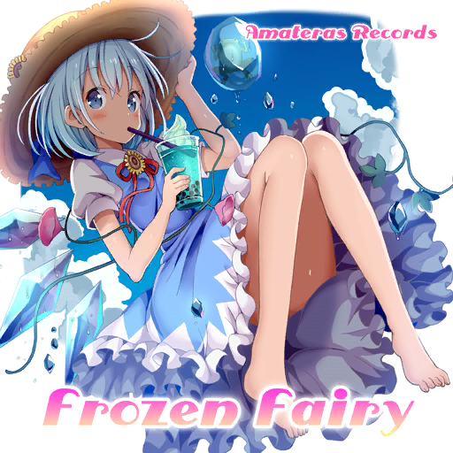 1girl album_cover alternate_headwear amateras_records bare_legs barefoot blue_bow blue_dress blue_eyes blue_hair blue_sky bow bubble_tea circle_name cirno clouds collared_shirt cover cup dress drinking_straw english_text fairy_wings floating flower frozen_frog full_body game_cg givuchoko hair_bow hand_on_headwear hat holding holding_cup ice ice_wings levitation long_bangs official_art pinafore_dress pink_flower plant puffy_short_sleeves puffy_sleeves red_ribbon ribbon shirt short_hair short_sleeves sky sleeveless sleeveless_dress solo sun_hat sunflower tanned_cirno touhou touhou_cannonball vines white_shirt wings