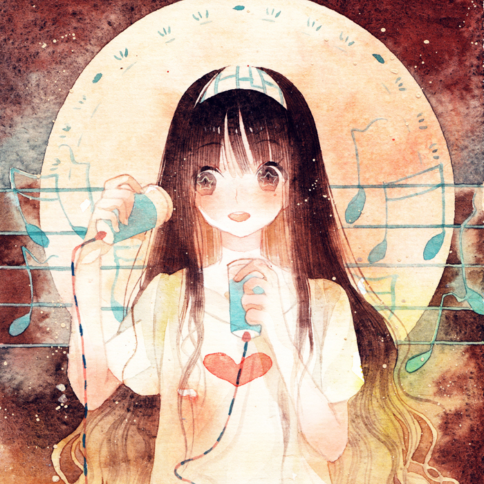 1girl beamed_eighth_notes beamed_sixteenth_notes black_hair blush brown_eyes brown_hair eighth_note hairband heart holding long_hair mole moon musical_note open_mouth original painting_(medium) quarter_note rei_(456789io) shirt smile solo string_phone traditional_media upper_body watercolor_(medium)