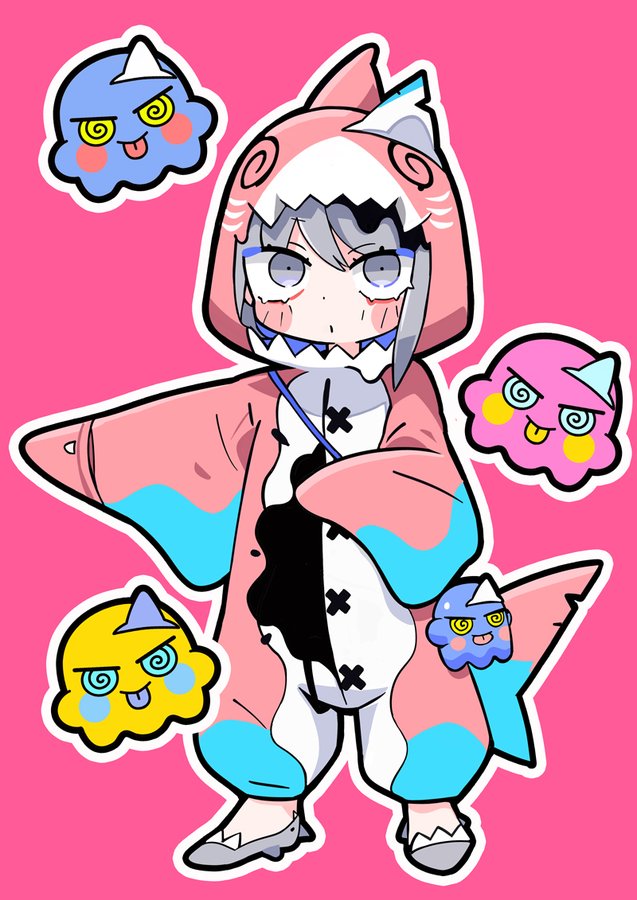 1girl :o :p @_@ animal_bag animal_costume bag blue_bag blue_eyes blush_stickers closed_mouth eyelashes fins fish_tail full_body gills grey_eyes grey_footwear grey_hair hood hood_up long_sleeves looking_at_viewer octopus open_mouth original outline outstretched_arm pink_background pink_hood pink_sleeves shark_costume shark_tail short_hair shoulder_bag simple_background sleeves_past_fingers sleeves_past_wrists slippers smile solid_eyes solo tail terada_tera tongue tongue_out triangular_headpiece white_outline yellow_eyes