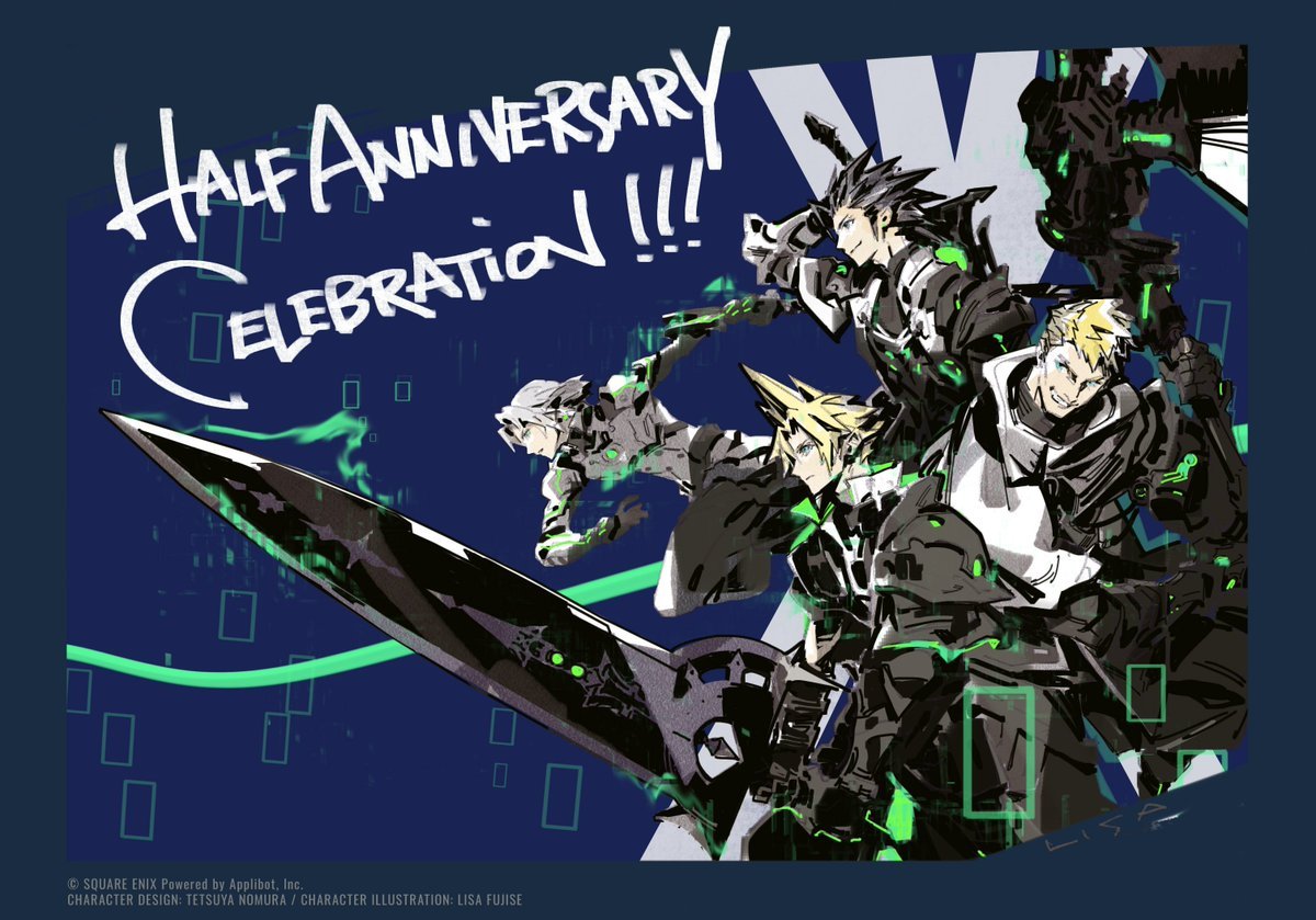 aged_down anniversary arm_up armor armored_bodysuit arms_up artist_name artist_request black_pants blonde_hair blue_background blue_eyes breastplate cape cloud_strife cloud_strife_(saber_style) commentary copyright_notice cropped_legs english_commentary english_text final_fantasy final_fantasy_vii final_fantasy_vii_ever_crisis from_side glenn_lodbrok glenn_lodbrok_(vanguard_style) grey_hair grin hammer high_collar holding holding_hammer holding_sword holding_weapon knee_up looking_to_the_side medium_hair official_alternate_costume official_art pants pauldrons running sephiroth serious short_hair shoulder_armor single_pauldron smile spiky_hair standing sword sword_on_back third-party_source turtleneck very_short_hair war_hammer weapon weapon_on_back white_cape zack_fair