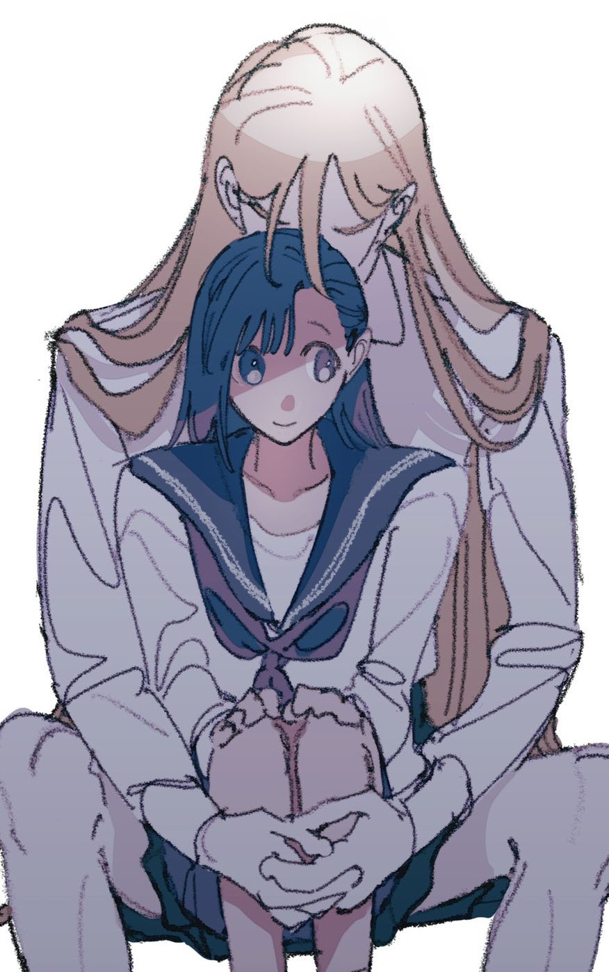 2girls black_sailor_collar blonde_hair blue_hair closed_mouth collared_shirt commentary_request fingernails hands_on_own_knees height_difference highres hug hug_from_behind long_hair long_sleeves medium_hair multiple_girls naotin3333 neckerchief original own_hands_together purple_neckerchief sailor_collar school_uniform serafuku shirt simple_background sitting_between_lap smile white_background white_shirt