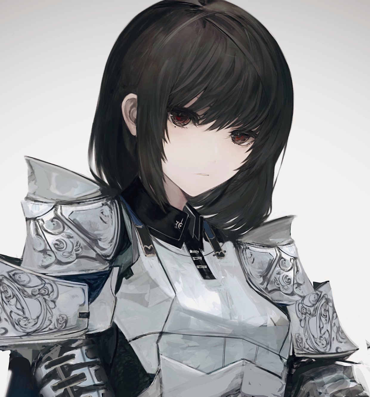 1girl :| armor arms_at_sides black_hair breastplate closed_mouth expressionless hair_between_eyes highres long_bangs long_hair looking_at_viewer mole mole_under_eye original pauldrons portrait red_eyes shoulder_armor sidelocks simple_background solo tuda6 white_background