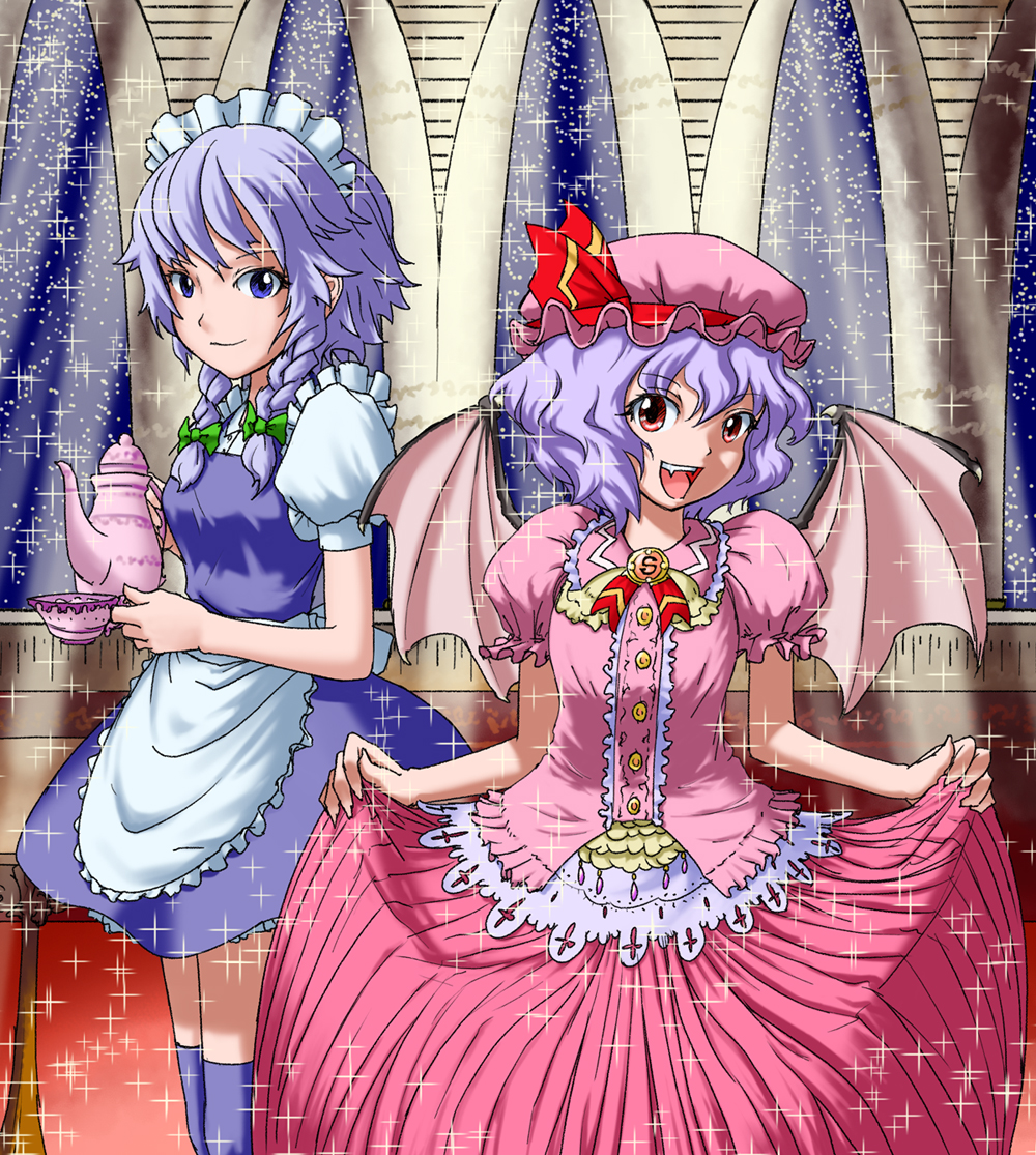 2girls apron bat_wings blue_eyes blue_thighhighs bow braid breasts commentary_request cup fang green_bow hair_bow hat holding holding_cup holding_teapot izayoi_sakuya low_twin_braids maid maid_headdress medium_breasts medium_hair mob_cap multiple_girls open_mouth pink_skirt puffy_short_sleeves puffy_sleeves purple_hair red_eyes remilia_scarlet short_sleeves skirt skirt_hold smile sparkle teacup teapot thigh-highs touhou twin_braids unpopin waist_apron wings