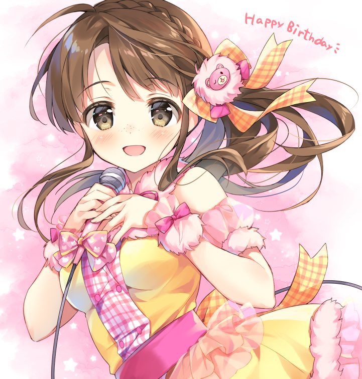 1girl ahoge arm_garter bare_shoulders bear_hair_ornament blush bow bowtie braid breasts brown_eyes brown_hair dot_nose dress dress_bow freckles from_side fur-trimmed_dress fur_trim hair_bow hair_ornament hair_ribbon hands_up happy_birthday holding holding_microphone idolmaster idolmaster_cinderella_girls idolmaster_cinderella_girls_starlight_stage long_hair looking_at_viewer medium_breasts microphone no_eyewear okuyama_saori open_mouth orange_bow orange_ribbon pink_background pink_bow pink_bowtie pink_ribbon pink_sash pink_scrunchie plaid plaid_bow plaid_ribbon ribbon sash scrunchie sleeveless sleeveless_dress smile solo starry_background suimya upper_body wrist_scrunchie yellow_dress