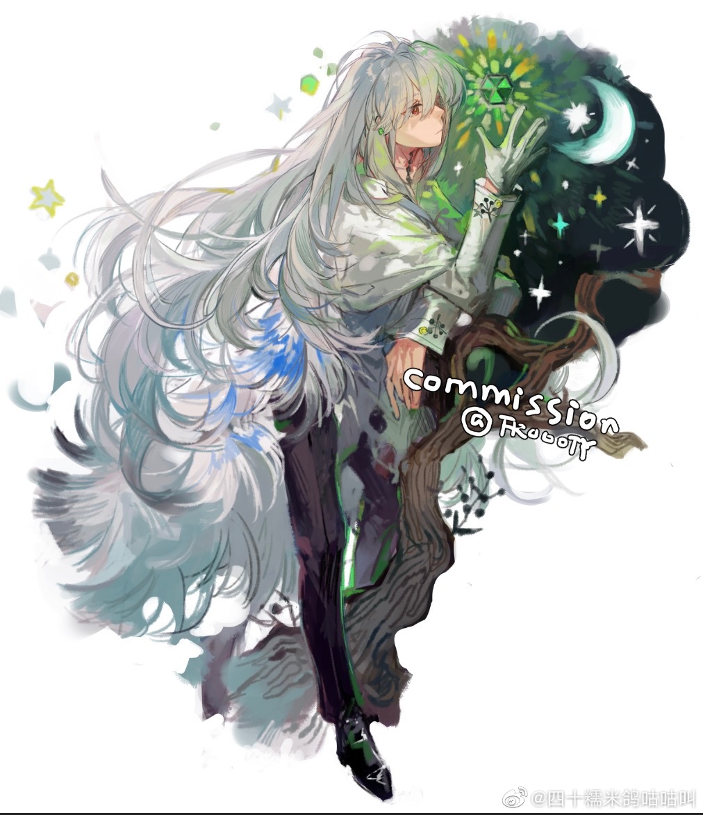 1boy bishounen black_pants blood blood_on_clothes branch cape capelet chinese_commentary closed_mouth commentary_request commission commissioner_name crescent_moon crossed_arms feather_cape full_body gem gloves glowing_gem green_gemstone light_frown long_hair long_sleeves looking_at_object male_focus moon night night_sky original pants red_eyes shirt simple_background single_glove sishi_nuomi_ge_gugu_jiao sky solo star_(sky) star_(symbol) starry_sky very_long_hair watermark weibo_logo weibo_username white_background white_cape white_capelet white_gloves white_hair white_shirt white_sleeves