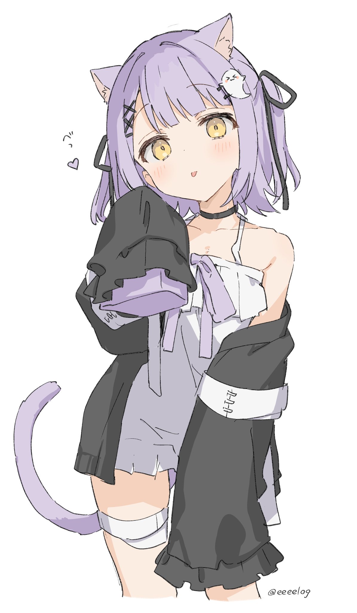 1girl :p animal_ears bandaged_leg bandages bandaid_on_thigh black_ribbon cat_ears cat_tail choker dress frilled_dress frills ghost_hair_ornament h_(eitilog) hair_ornament hair_ribbon highres jacket long_sleeves looking_at_viewer off_shoulder purple_hair ribbon shinomiya_runa short_hair simple_background sleeves_past_fingers sleeves_past_wrists solo tail tongue tongue_out two_side_up virtual_youtuber vspo! white_background x_hair_ornament yellow_eyes