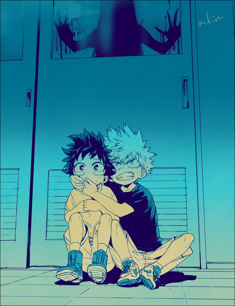 2boys aged_down ankle_boots artist_name bakugou_katsuki boku_no_hero_academia boots bright_pupils child clenched_teeth commentary_request covered_mouth covering_another's_mouth cross-laced_footwear door dorsiflexion dot_nose film_grain freckles furrowed_brow hand_on_glass hand_over_another's_mouth hands_up horror_(theme) indoors knees_apart_feet_together knees_up limited_palette liquid midoriya_izuku mkm_(mkm_storage) monster multiple_boys own_hands_together partial_commentary raised_eyebrows sanpaku scared scowl shadow shirt shoe_soles shoes short_hair short_sleeves shorts side-by-side silhouette sitting sliding_doors sneakers spiky_hair sweatdrop t-shirt tearing_up tears teeth tile_floor tiles v-shaped_eyebrows