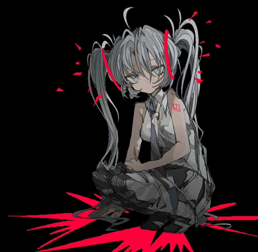 1girl bare_arms bare_shoulders black_background blue_necktie closed_mouth commentary expressionless full_body grey_eyes grey_hair hair_between_eyes hair_ornament hatsune_miku hen10 long_hair looking_at_viewer necktie number_tattoo shirt shoulder_tattoo sidelocks simple_background sleeveless sleeveless_shirt solo squatting tattoo twintails very_long_hair vocaloid white_shirt