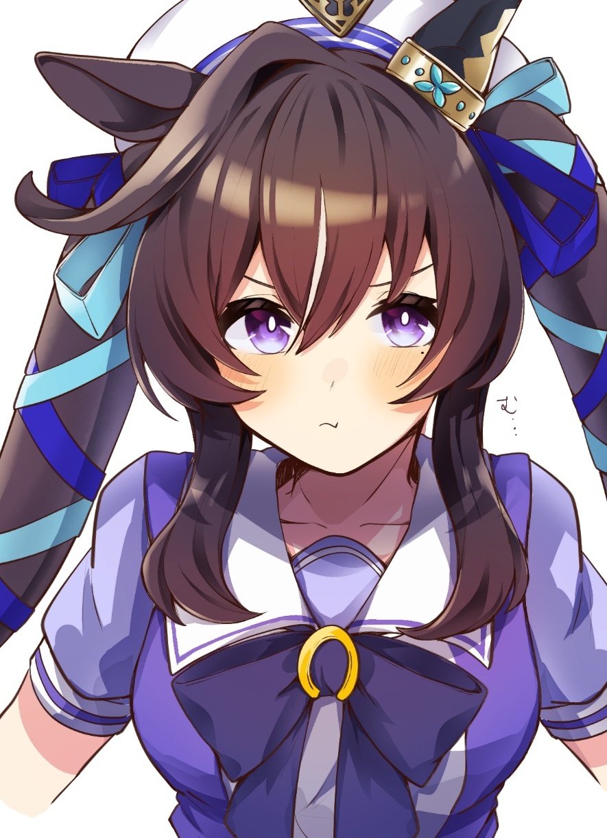 1girl amano_(amano_miko) animal_ears blue_ribbon bow bowtie brown_hair ear_covers hair_between_eyes hair_ribbon highres horse_ears horse_girl horseshoe_ornament long_hair looking_at_viewer multicolored_hair pout puffy_short_sleeves puffy_sleeves purple_bow purple_bowtie purple_serafuku purple_shirt ribbon sailor_collar sailor_shirt school_uniform serafuku shirt short_sleeves simple_background single_ear_cover solo streaked_hair tracen_school_uniform twintails umamusume upper_body violet_eyes vivlos_(umamusume) white_background white_hair white_headwear