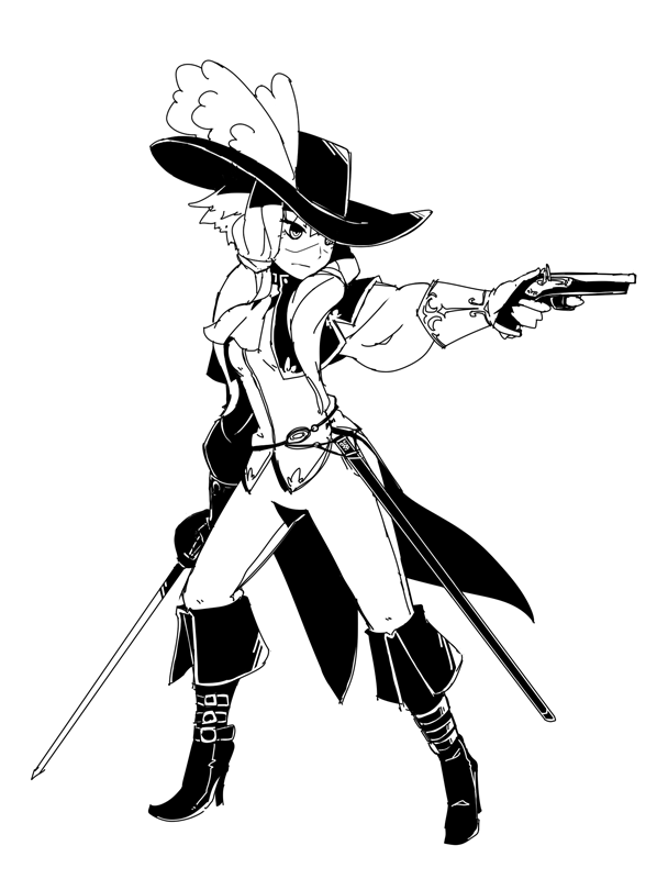 1girl aiming alternate_costume antique_firearm arm_at_side ascot boots closed_mouth coattails commentary_request firelock flintlock full_body gloves greyscale gun handgun hat hat_feather high_heel_boots high_heels holding holding_gun holding_sword holding_weapon knee_boots long_hair long_sleeves monochrome moyasiwhite musketeer pants puffy_long_sleeves puffy_sleeves rapier ringed_eyes serious shaded_face sheath shirt short_hair_with_long_locks simple_background solo standing sword vocaloid voiceroid weapon wide_brim yuzuki_yukari