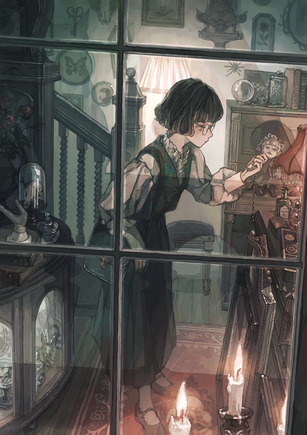 1girl bag black_hair bob_cut candle carpet doll dress from_outside glasses handbag highres hotatenshi indoors instrument mary_janes original painting_(object) piano pocket_watch round_eyewear shoes short_hair solo stairs watch window wooden_floor