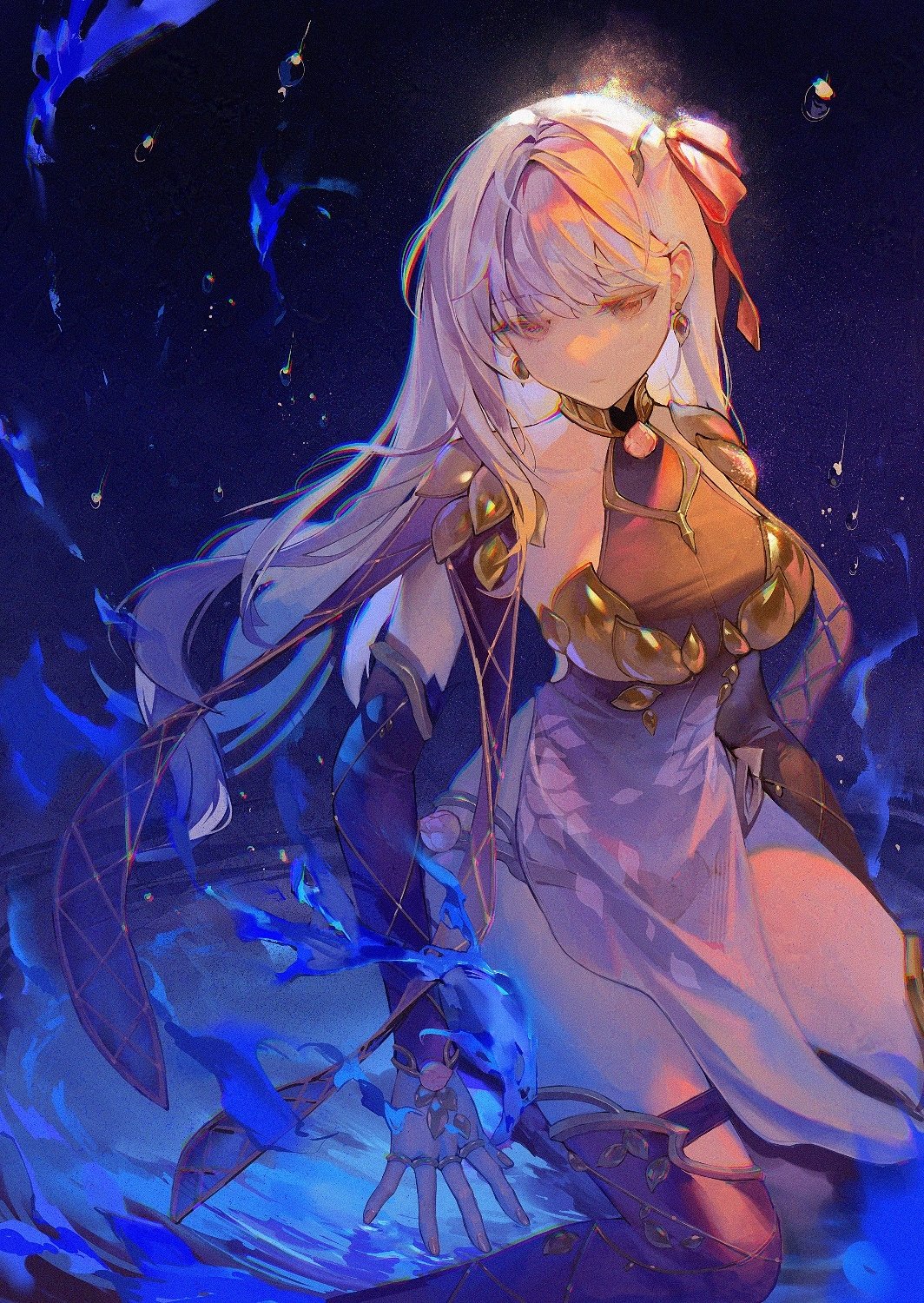 1girl armlet armor bikini_armor blue_fire body_markings breasts collar daeraeband dress earrings fate/grand_order fate_(series) fire flower hair_ribbon highres jewelry kama_(fate) large_breasts long_hair lotus lotus_print metal_collar purple_dress purple_sleeves purple_thighhighs red_eyes ribbon sitting solo thigh-highs thighlet thighs white_hair