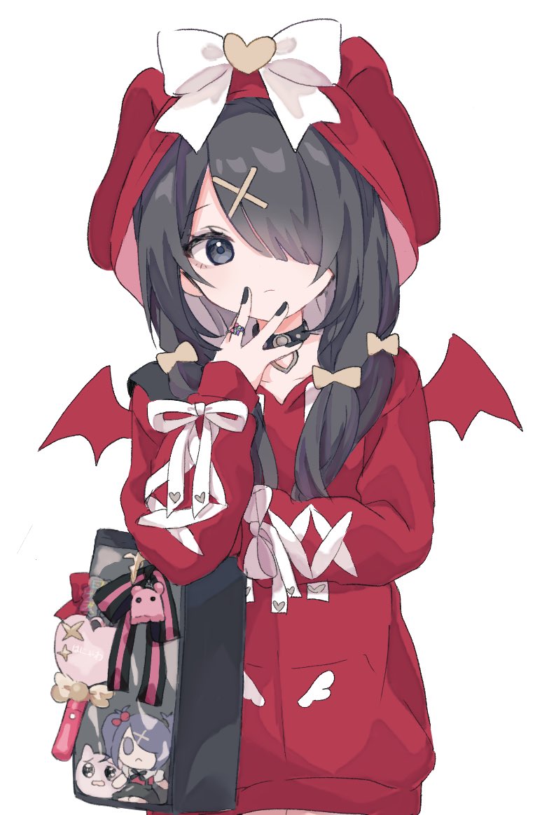 1girl ame-chan_(needy_girl_overdose) black_hair bow demon_wings hair_ornament hair_over_one_eye hood hoodie kabe_(zp66104) long_hair looking_at_viewer needy_girl_overdose red_hoodie red_shirt ribbon shirt solo twintails white_bow white_ribbon wings x_hair_ornament