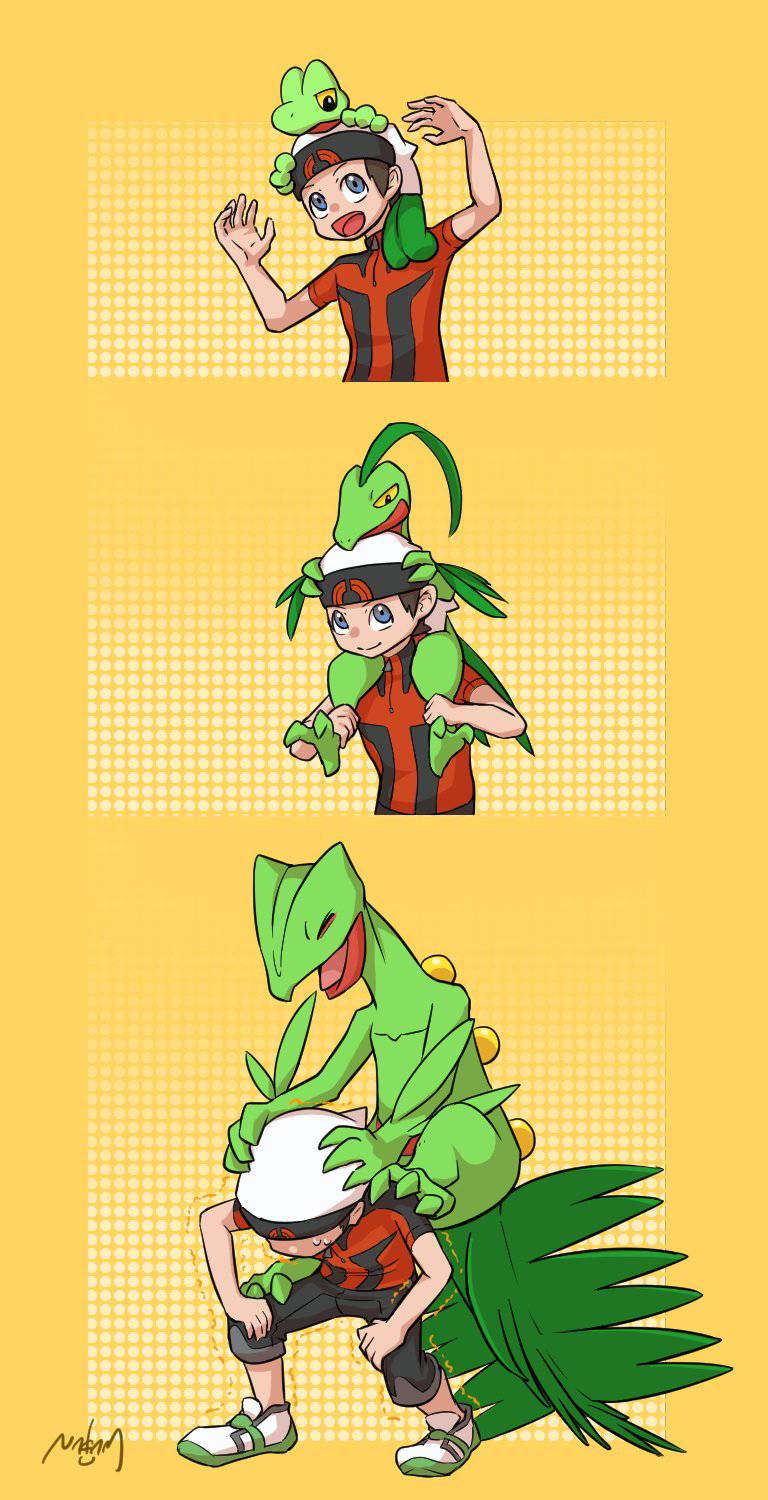 1boy :d beanie brendan_(pokemon) capri_pants closed_mouth commentary_request grovyle hat highres looking_up male_focus nakamu_(nkm8gotsugotsu) on_head open_mouth pants pokemon pokemon_(creature) pokemon_on_head pokemon_oras red_shirt sceptile shirt shoes short_sleeves signature smile squatting sweat tongue treecko trembling white_footwear white_headwear yellow_background