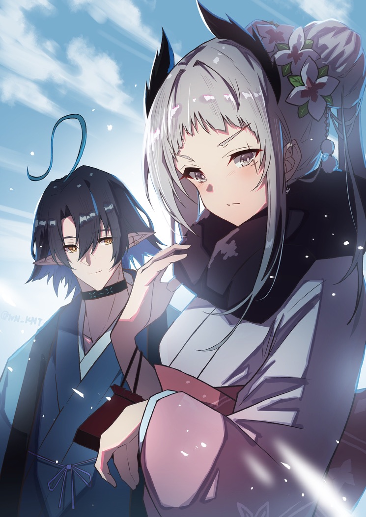 1boy 1girl ahoge alternate_costume alternate_hairstyle arknights black_hair blue_hair blue_kimono blue_sky blush clouds colored_inner_hair commentary_request feather_hair frown gradient_kimono grey_eyes grey_hair grey_kimono hair_bun infection_monitor_(arknights) irene_(arknights) japanese_clothes kimono looking_at_another looking_at_viewer lumen_(arknights) multicolored_hair outdoors pink_kimono pointy_ears scar scar_across_eye sky smile wn_(wani-noko) yellow_eyes
