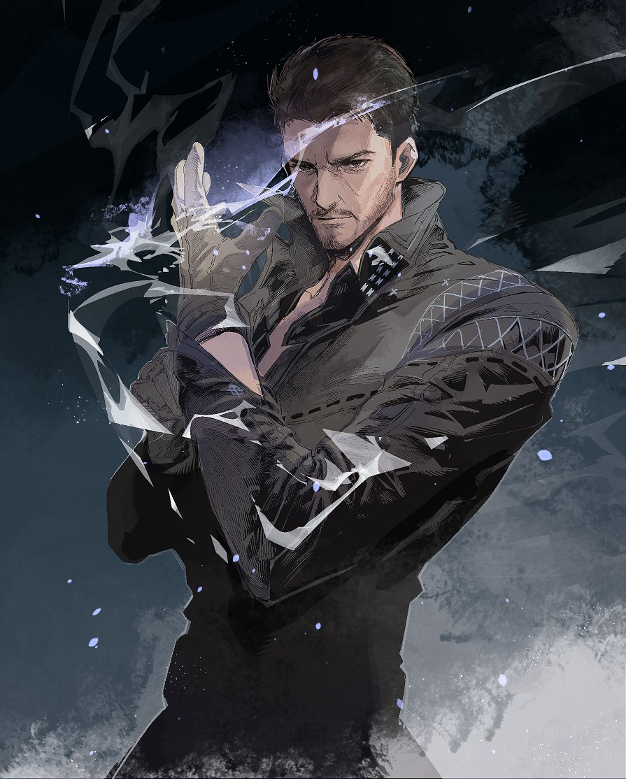 1boy black_gloves black_hair black_jacket black_pants cidolfus_telamon closed_mouth cofffee collared_jacket facial_hair final_fantasy final_fantasy_xvi gloves hand_up jacket light_particles long_sleeves looking_at_viewer male_focus mustache open_hand pants short_hair solo upper_body
