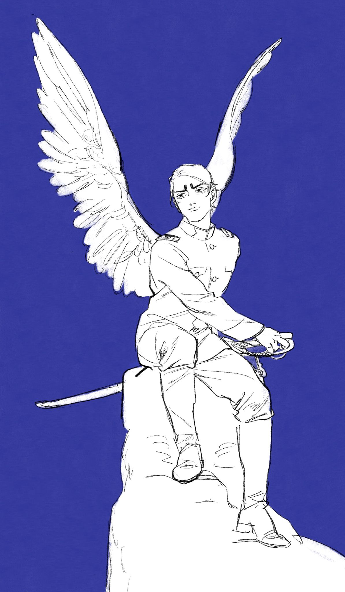 1boy angel angel_wings blue_background boots chengongzi123 closed_mouth english_commentary feathered_wings full_body golden_kamuy highres holding holding_sword holding_weapon jacket koito_otonoshin long_sleeves looking_to_the_side male_focus military_uniform pants partially_colored sheath sheathed short_hair simple_background sitting spread_wings sword uniform very_short_hair weapon wings