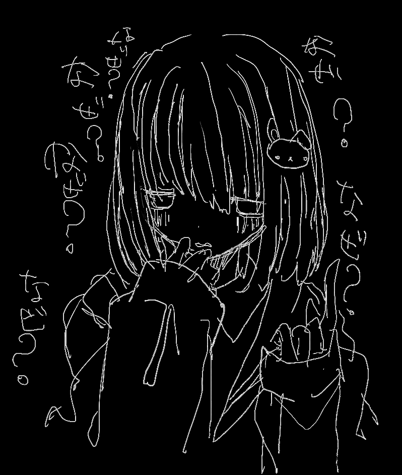 1girl black_background blank_eyes blush dot_nose greyscale hair_ornament hands_up index_finger_raised looking_at_viewer medium_hair monochrome noroi_(rnatataki) original parted_lips rabbit_hair_ornament simple_background sleeves_past_wrists solo translation_request upper_body