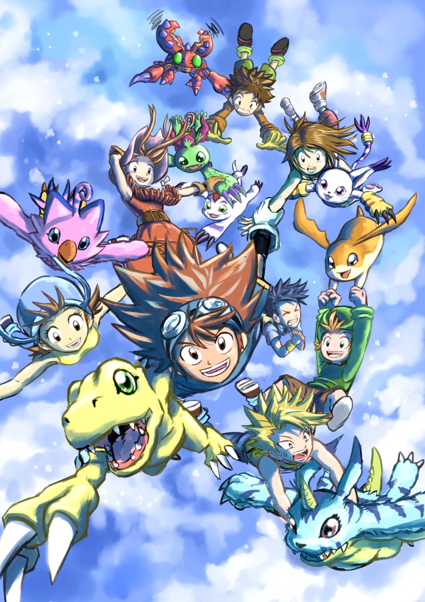 3girls 5boys :d agumon bird blonde_hair blue_hair brown_hair bug butterfly cat circle_formation clouds commentary_request digimon digimon_(creature) digimon_adventure falling flying gabumon glasses glowing goggles goggles_on_head gomamon happy head_wings highres horns hug ishida_yamato izumi_koshiro kido_jo long_hair looking_at_viewer looking_down midair multiple_boys multiple_girls open_mouth outstretched_arms palmon patamon piyomon plant reptile short_hair single_horn sleeping smile spiky_hair spread_arms tachikawa_mimi tail tailmon takaishi_takeru takenouchi_sora takeuchi_(rtakeuchi1535) tentomon wings yagami_hikari yagami_taichi