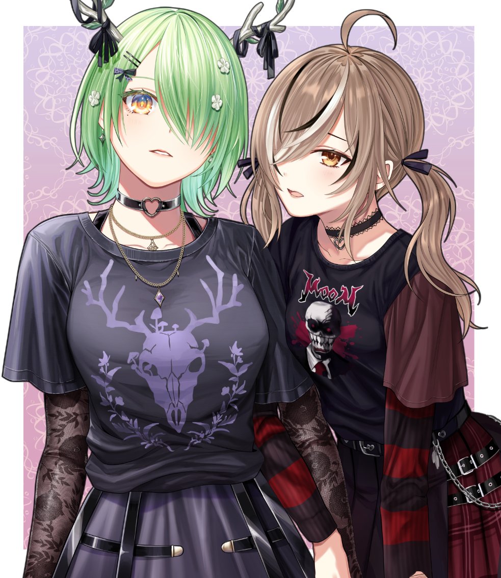 2girls ahoge antler_ribbon antlers belt beslab_official black_shirt black_skirt black_sweater brown_eyes brown_hair ceres_fauna ceres_fauna_(4th_costume) choker crinoline earrings emo_fashion floral_background flower goth_fashion green_hair hair_flower hair_ornament hair_over_one_eye hair_ribbon heart heart_choker heart_o-ring heart_ring_choker hololive hololive_english horns jewelry lace-trimmed_choker lace_sleeves lace_trim mole mole_under_eye multicolored_hair multiple_girls nanashi_mumei nanashi_mumei_(4th_costume) nightmare_(nanashi_mumei) official_alternate_costume open_mouth parted_lips plaid plaid_skirt pleated_skirt purple_background red_skirt red_sweater ribbon shirt shirt_tucked_in short_hair skirt streaked_hair striped_clothes striped_sweater sweater sweater_under_shirt t-shirt torn_clothes torn_sweater tree_horns twintails two-tone_sweater virtual_youtuber yellow_eyes