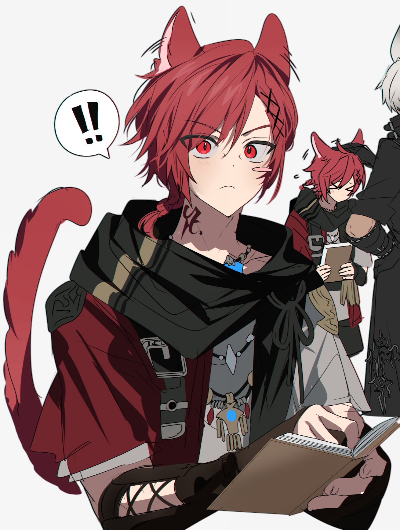 ! !! 2boys animal_ears book cat_ears cat_tail chu_yeon cloak fantasy final_fantasy final_fantasy_xiv g'raha_tia highres hood hooded_cloak male_focus miqo'te multiple_boys open_book red_eyes redhead slit_pupils solo_focus speech_bubble spoken_exclamation_mark tail white_background