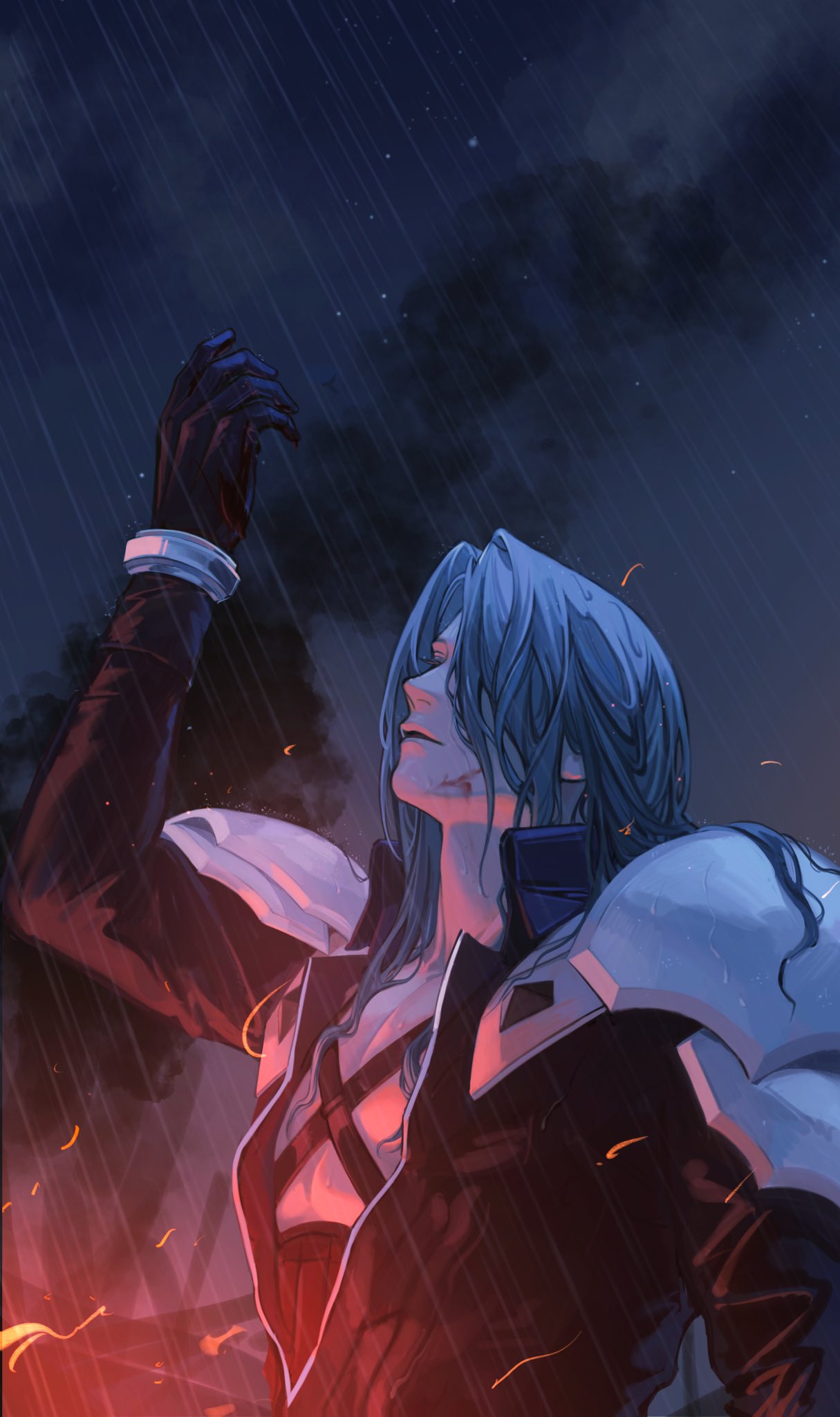 1boy armor bangle black_coat black_gloves blood blood_on_face bracelet chest_strap coat final_fantasy final_fantasy_vii final_fantasy_vii_rebirth final_fantasy_vii_remake fire gloves grey_hair hand_up highres jewelry long_hair looking_up male_focus parted_bangs parted_lips rain sephiroth shoulder_armor solo upper_body vy7437 wet wet_hair