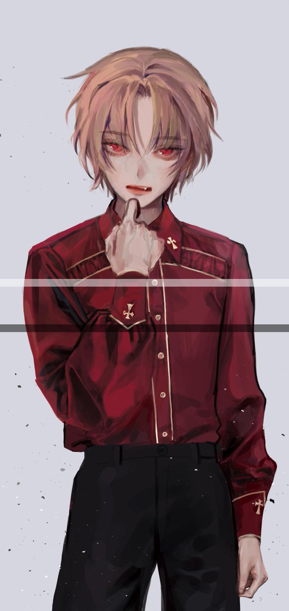 1boy akatsuki_no_yona bad_id bad_twitter_id black_pants blonde_hair buttons fangs grey_background hair_between_eyes hand_on_own_chin highres long_sleeves looking_to_the_side male_focus pants parted_bangs red_eyes red_shirt shirt shirt_tucked_in short_hair simple_background solo yona_hyeon yoon_(akatsuki_no_yona)
