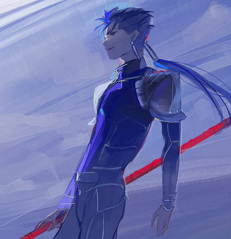 1boy armor beads blue_background blue_hair bodysuit closed_mouth cu_chulainn_(caster)_(fate) cu_chulainn_(fate) drop_earrings earrings fate/stay_night fate_(series) from_side gae_bolg_(fate) hair_beads hair_ornament holding holding_polearm holding_weapon jewelry long_hair male_focus pauldrons polearm ponytail red_eyes short_hair shoulder_armor solo spear spiky_hair standing ubwmitekure weapon