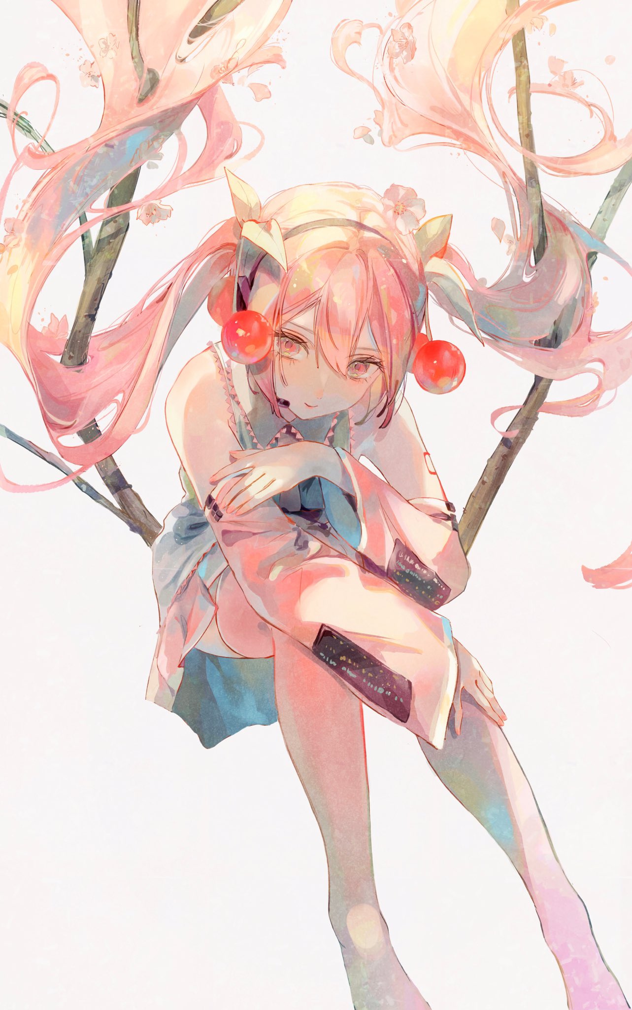 1girl bare_shoulders boots branch cherry_blossoms cherry_hair_ornament detached_sleeves falling_petals flower food-themed_hair_ornament frilled_shirt frills full_body hair_between_eyes hair_ornament hand_on_own_arm hand_on_own_leg hashtag_only_commentary hatsune_miku headset highres light_smile long_hair long_sleeves looking_ahead looking_at_viewer miku_day miniskirt nazuna_(nazuna_su) necktie number_tattoo petals pink_eyes pink_footwear pink_hair pink_nails pink_necktie pink_skirt pink_trim sakura_miku shaded_face shirt sitting skirt sleeveless sleeveless_shirt solo tattoo thigh_boots very_long_hair vocaloid white_background white_shirt wide_sleeves zettai_ryouiki