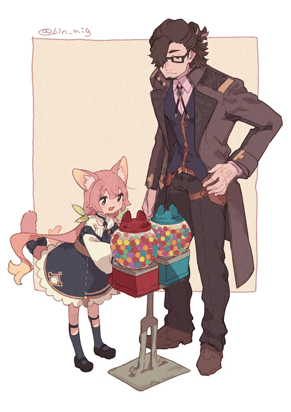 1boy 1girl :d animal_ears black_dress black_footwear black_hair black_pants black_vest blonde_hair brown_coat brown_footwear candy cat_ears cat_girl cat_tail chewing_gum child coat dress food full_body glasses gradient_hair gumball gumball_machine long_hair mary_janes multicolored_hair open_clothes open_coat open_mouth original pants pinafore_dress pink_hair shirt shoes simple_background sleeveless sleeveless_dress smile standing strap_slip tail urabe_(mstchan) very_long_hair vest white_background white_shirt