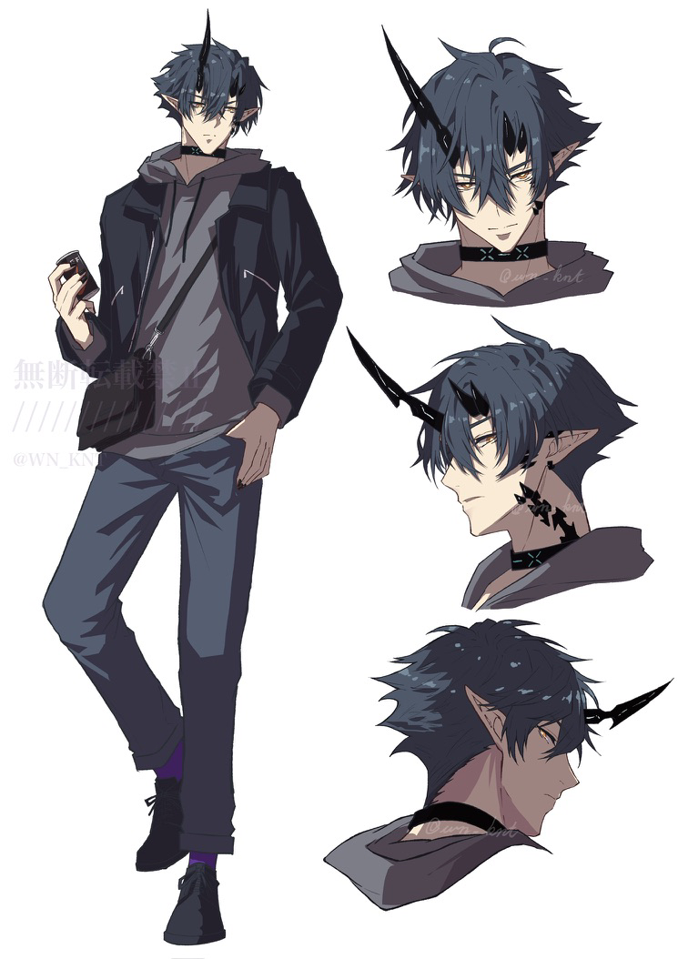 1boy alternate_costume arknights black_bag black_footwear black_jacket blue_hair blue_pants can commentary_request cropped_head expressions flamebringer_(arknights) full_body grey_hoodie holding holding_can hood hoodie horns infection_monitor_(arknights) jacket looking_at_viewer looking_back male_focus material_growth multiple_views oripathy_lesion_(arknights) pants pointy_ears profile short_hair simple_background single_horn white_background wn_(wani-noko) yellow_eyes