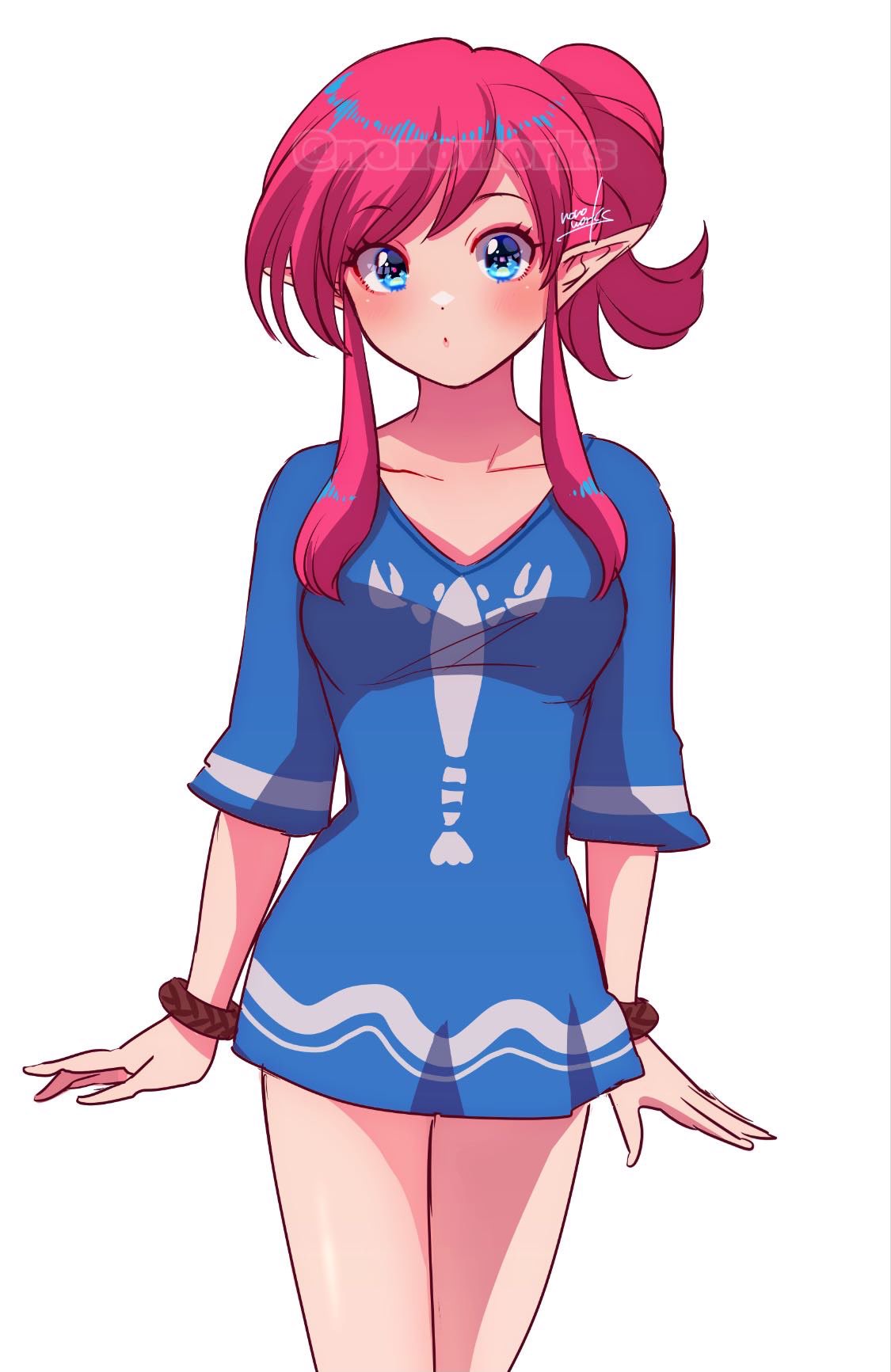 1girl :o blue_eyes blue_shirt blush breasts brown_wristband cosplay dot_nose elf eyelashes genderswap genderswap_(mtf) high_side_ponytail highres link link_(shounen_captain) long_bangs long_shirt looking_at_viewer medium_breasts multiple_wristbands nonoworks parted_lips pink_hair pointy_ears shirt short_hair side_ponytail sidelocks signature simple_background the_legend_of_zelda the_legend_of_zelda_(nes) thighs toon_link toon_link_(cosplay) twitter_username watermark white_background wristband