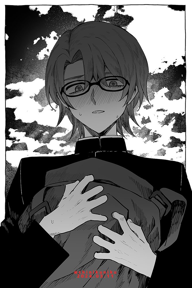1boy artist_name backpack bag blush border character_request chinikuniku clouds cloudy_sky copyright_request dated glasses greyscale hair_between_eyes hands_up holding holding_bag long_sleeves looking_at_viewer male_focus mandarin_collar monochrome outdoors outside_border shirt short_hair sky solo standing sweat teeth
