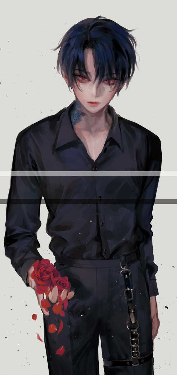 1boy akatsuki_no_yona bad_id bad_twitter_id black_pants black_shirt blue_hair chain closed_mouth collared_shirt commentary_request cowboy_shot falling_petals flower grey_background hair_between_eyes hak_(akatsuki_no_yona) highres holding korean_commentary looking_at_viewer male_focus neck_tattoo o-ring pants petals red_eyes red_flower red_rose rose shirt short_hair simple_background solo tattoo yona_hyeon