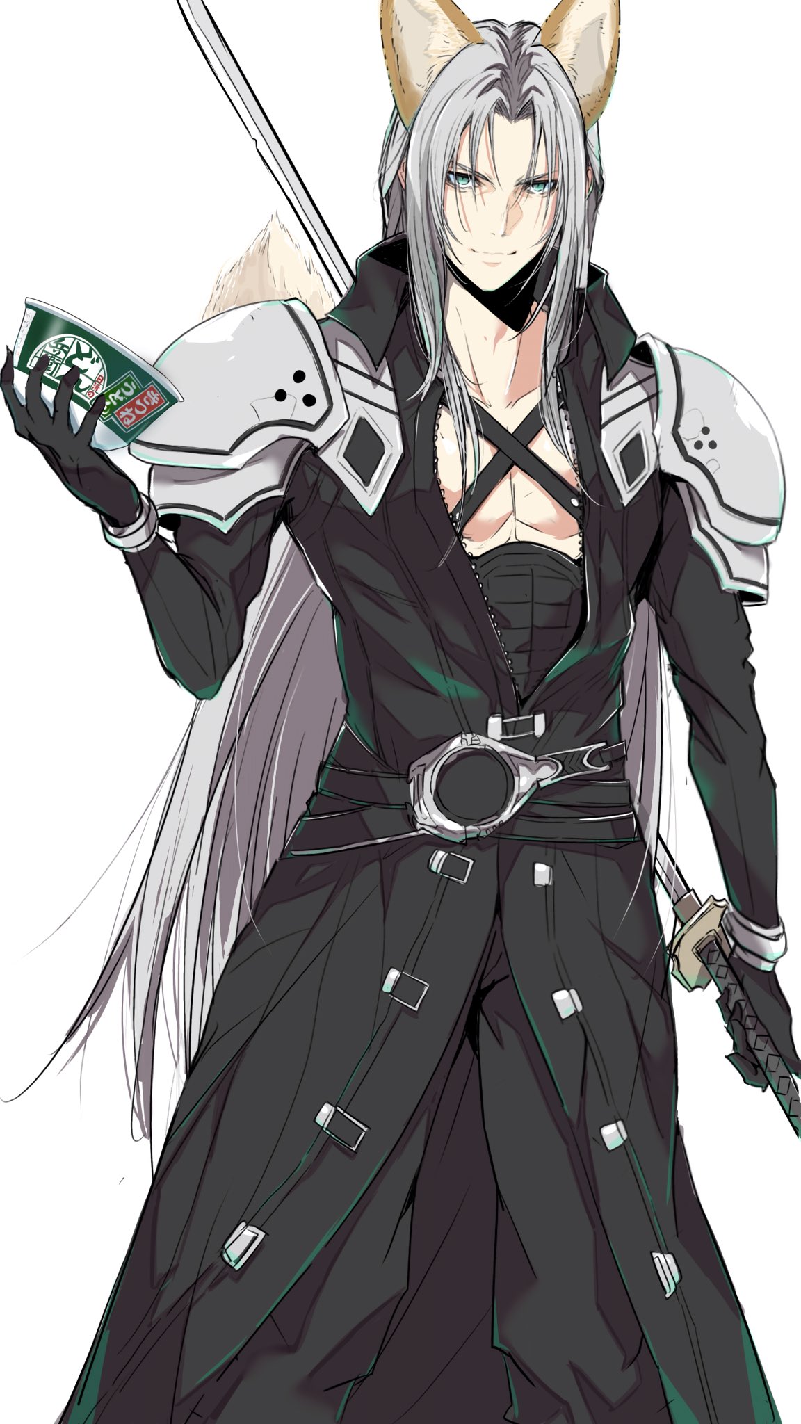 1boy animal_ears armor bangle black_coat black_gloves bracelet chest_strap closed_mouth coat cowboy_shot crazy02oekaki final_fantasy final_fantasy_vii final_fantasy_vii_rebirth final_fantasy_vii_remake food fox_boy fox_ears fox_tail gloves green_eyes grey_hair highres holding holding_food holding_sword holding_weapon jewelry katana long_bangs long_coat long_hair long_sleeves male_focus masamune_(ff7) merchandise nissin noodles parted_bangs sephiroth shoulder_armor smile solo sword tail udon weapon white_background