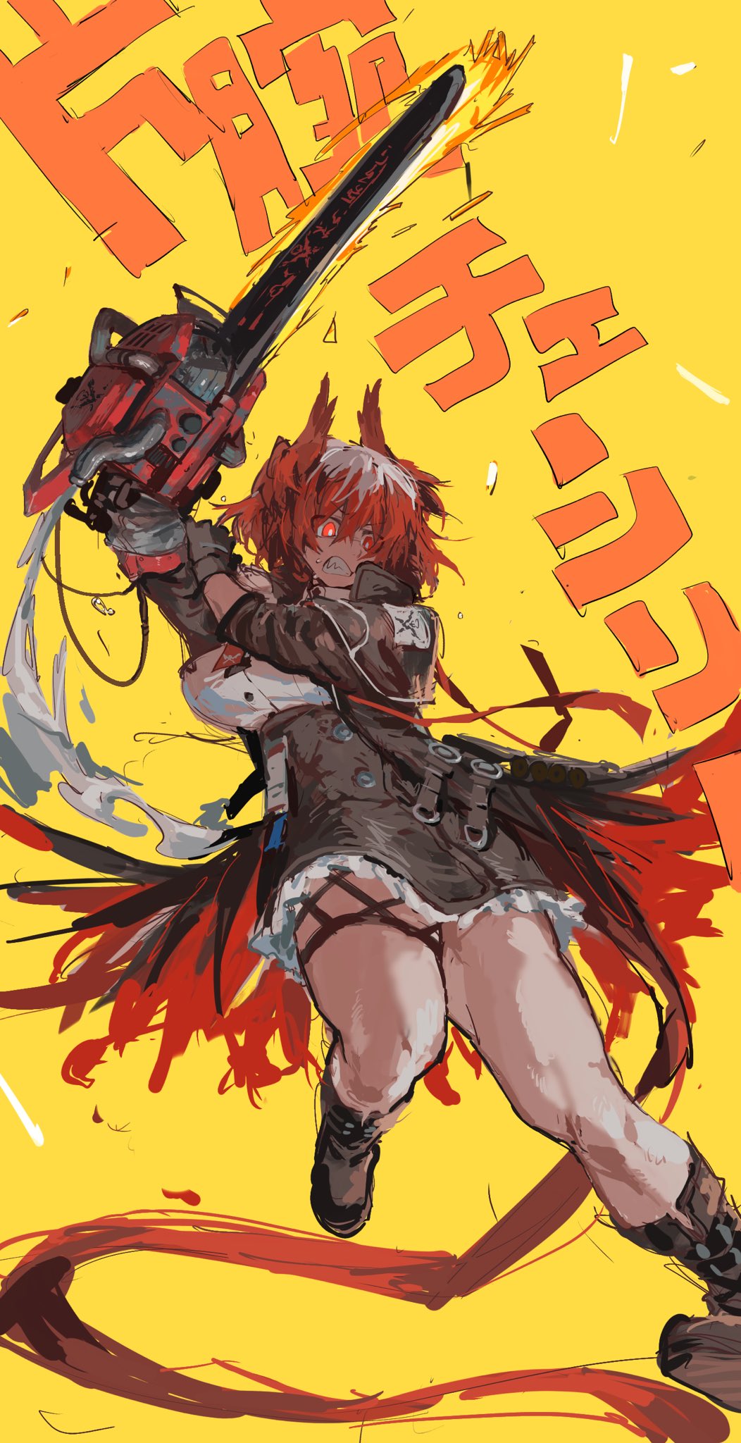 1girl arknights black_gloves boots breasts chainsaw clenched_teeth fiammetta_(arknights) gloves highres large_breasts mutomorokoshi red_eyes redhead teeth thighs yellow_background