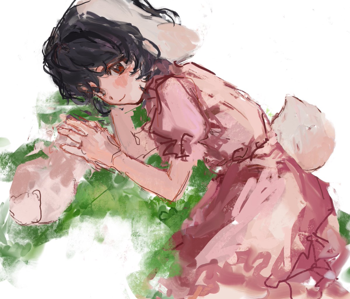 1girl animal_ears b_nosk101 black_hair blush closed_mouth dress floppy_ears grass inaba_tewi looking_at_animal lying on_grass on_side painterly pink_dress puffy_short_sleeves puffy_sleeves rabbit rabbit_ears rabbit_girl rabbit_tail red_eyes short_hair short_sleeves sketch smile solo tail touhou white_background