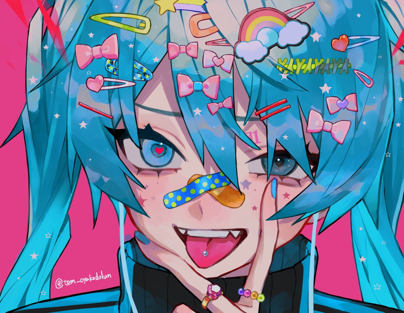 1girl bandaid bandaid_on_face bandaid_on_nose black_jacket blue_eyes blue_hair blue_stripes blush crossed_bandaids fangs fangs_out hair_between_eyes hair_ornament hairclip hand_on_own_face hatsune_miku headphones heart heart-shaped_pupils heart_hair_ornament jacket jewelry long_hair looking_at_viewer number_tattoo ornate_ring piercing pink_background portrait rainbow_hair_ornament ring sidelocks solo spring_onion star_(symbol) star_hair_ornament striped_clothes striped_jacket symbol-shaped_pupils tattoo temu_(tem27) tongue tongue_out tongue_piercing twitter_username v_over_mouth very_long_hair vocaloid