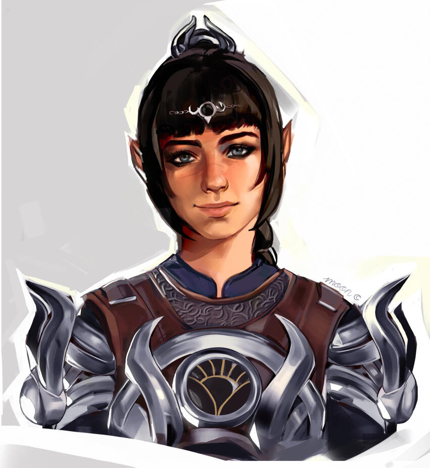 1girl armor artist_name black_hair blue_eyes blunt_bangs breastplate circlet closed_mouth ears elf hair leather_vest long_braid long_hair looking_at_viewer multi-tied pointy scar scar_on_face scar_on_nose shadowheart_(baldur's_gate) shoulder_plates simple_background smile solo tagme upper_body