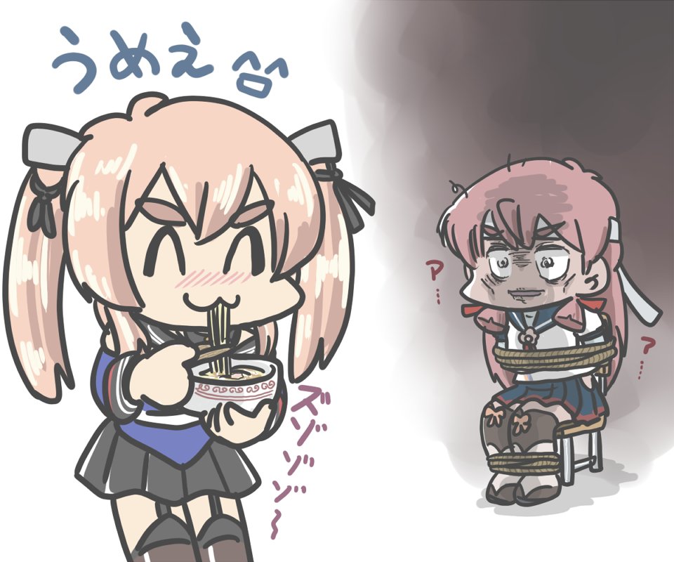 2girls akashi_(kancolle) alternate_hairstyle black_sailor_collar black_skirt blue_sailor_collar blue_shirt blue_skirt blunt_tresses boots bound brown_thighhighs chair chopsticks commentary_request eating ferret-san food hair_ribbon headband hip_vent johnston_(kancolle) kantai_collection light_brown_hair long_hair multiple_girls noodles pink_hair pleated_skirt ramen ribbon sailor_collar school_uniform serafuku shirt skirt stting thigh-highs thigh_boots tied_up_(nonsexual) tress_ribbon twintails v-shaped_eyebrows white_headband white_shirt