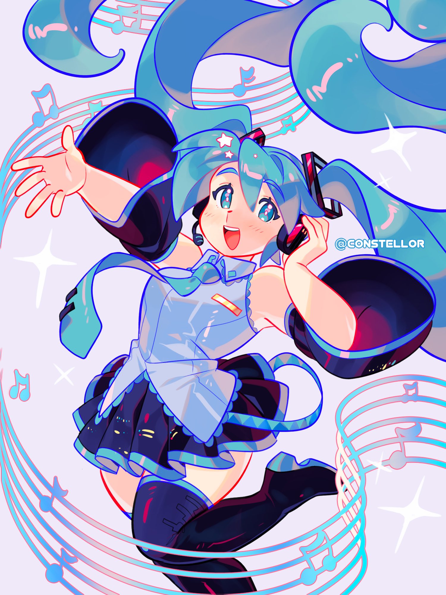 1girl :d aqua_eyes aqua_hair aqua_necktie bare_shoulders beamed_eighth_notes black_footwear black_sleeves blue_eyes blue_hair blush boots bright_pupils collared_shirt constellor detached_sleeves eighth_note grey_shirt hair_between_eyes hair_ornament hand_on_own_ear hatsune_miku headphones headset highres long_hair looking_at_viewer miku_day musical_note necktie open_mouth outstretched_arm pleated_skirt purple_background shirt skirt sleeveless sleeveless_shirt smile solo sparkle standing standing_on_one_leg star_(symbol) teeth thigh-highs thigh_boots twintails twitter_username upper_teeth_only very_long_hair vocaloid white_pupils