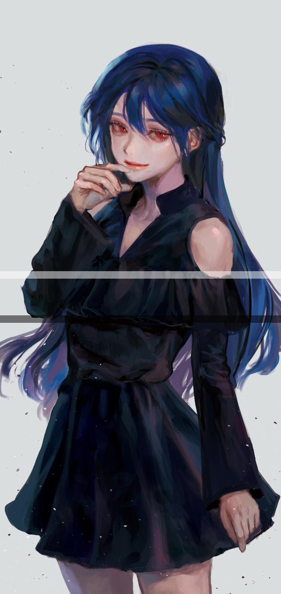1girl akatsuki_no_yona an_lili bad_id bad_twitter_id black_dress blue_hair collared_dress cowboy_shot dress frilled_dress frills grey_background hair_between_eyes hand_on_own_face highres light_smile long_hair long_sleeves pink_lips red_eyes simple_background solo yona_hyeon
