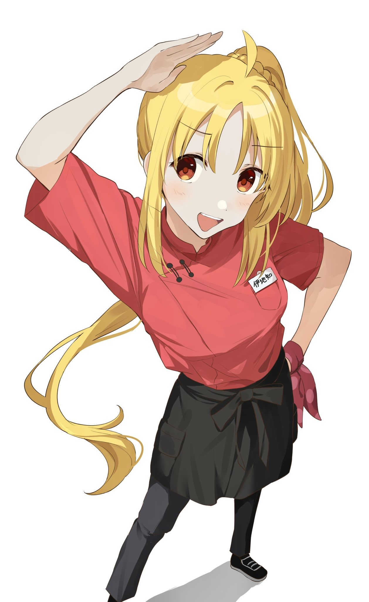 1girl :d ahoge arm_up black_footwear black_pants black_skirt blonde_hair blush bocchi_the_rock! breast_pocket commentary_request from_above hand_on_own_hip highres ijichi_nijika kanaria_hisagi long_hair name_tag open_mouth pants pocket red_shirt shirt short_sleeves side_ponytail skirt smile solo standing teeth tongue translation_request upper_teeth_only
