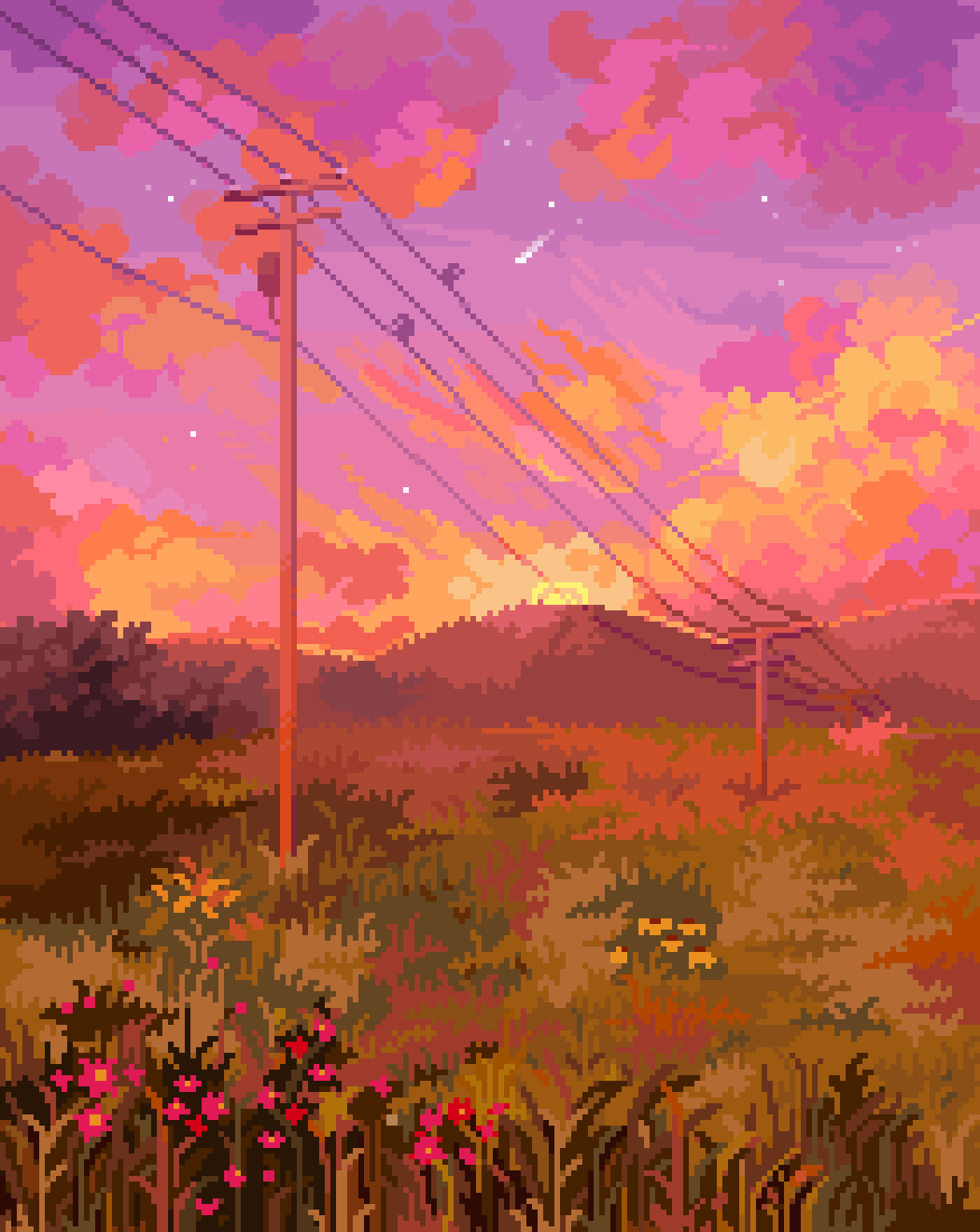 bush clouds commentary english_commentary field from_side grass highres mountainous_horizon no_humans original outdoors pixel_art power_lines purple_sky qwertgfx scenery shooting_star sky star_(sky) starry_sky sun sunset utility_pole
